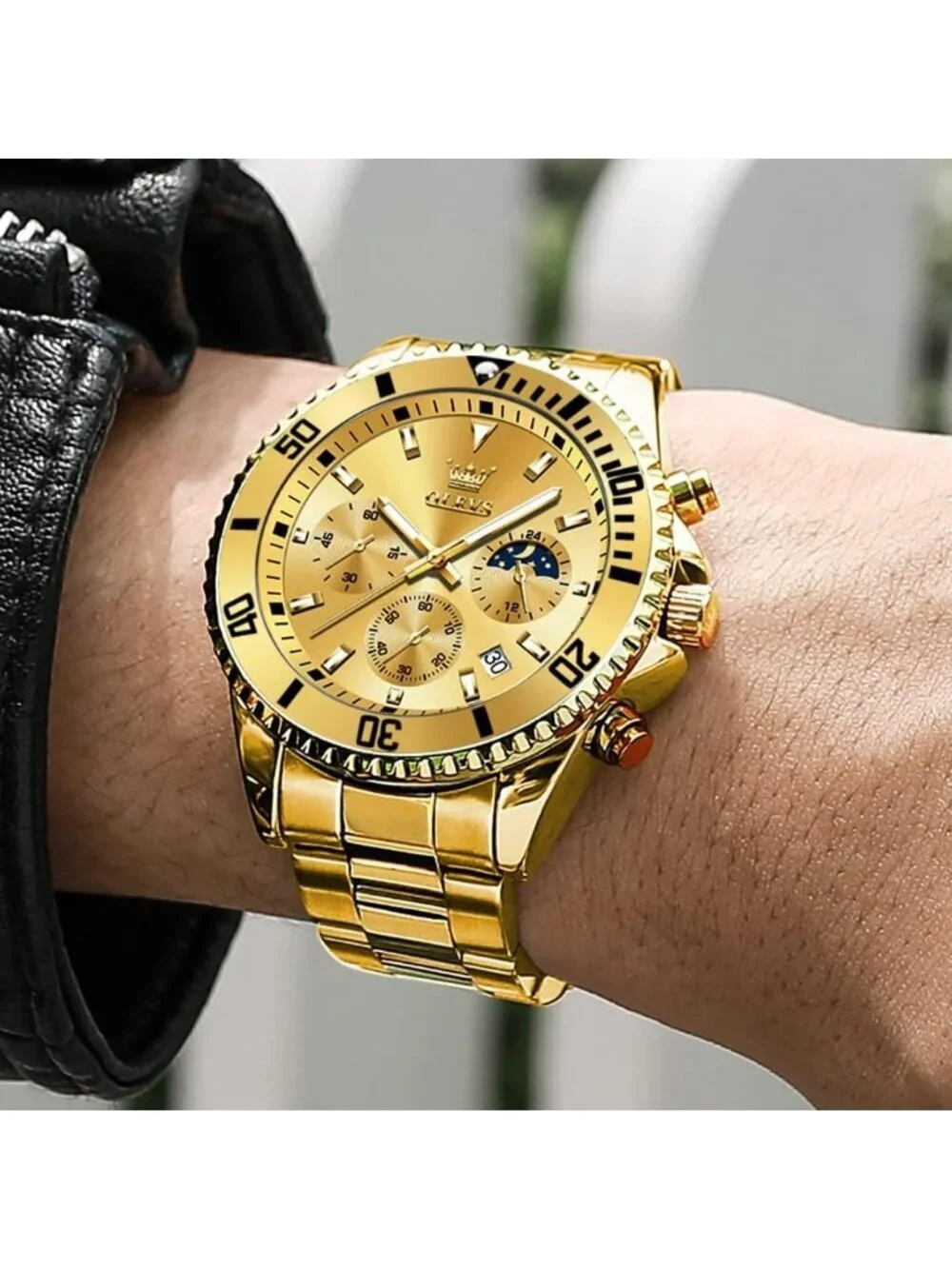 Men's All Gold Premium Solid Stainless Analog Rotatable Bezel Date Steel Watch